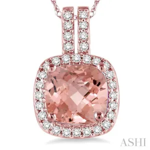 7x7 mm Cushion Cut Morganite and 1/5 Ctw Round Cut Diamond Pendant in 14K Rose Gold with Chain