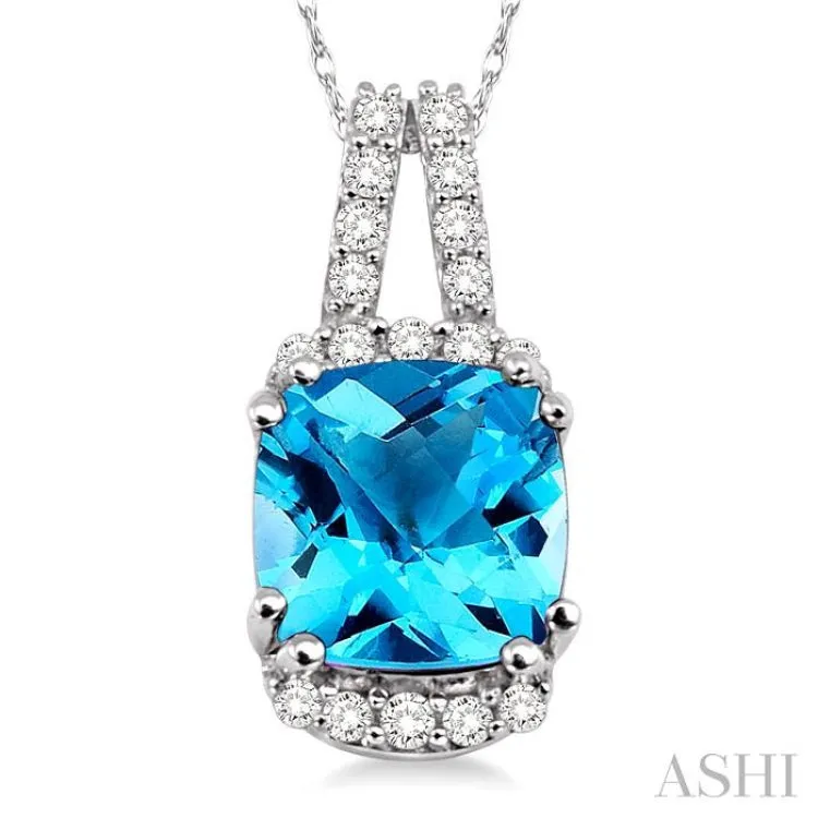 8x8mm Cushion Cut Blue Topaz and 1/5 Ctw Round Cut Diamond Pendant in 14K White Gold with Chain