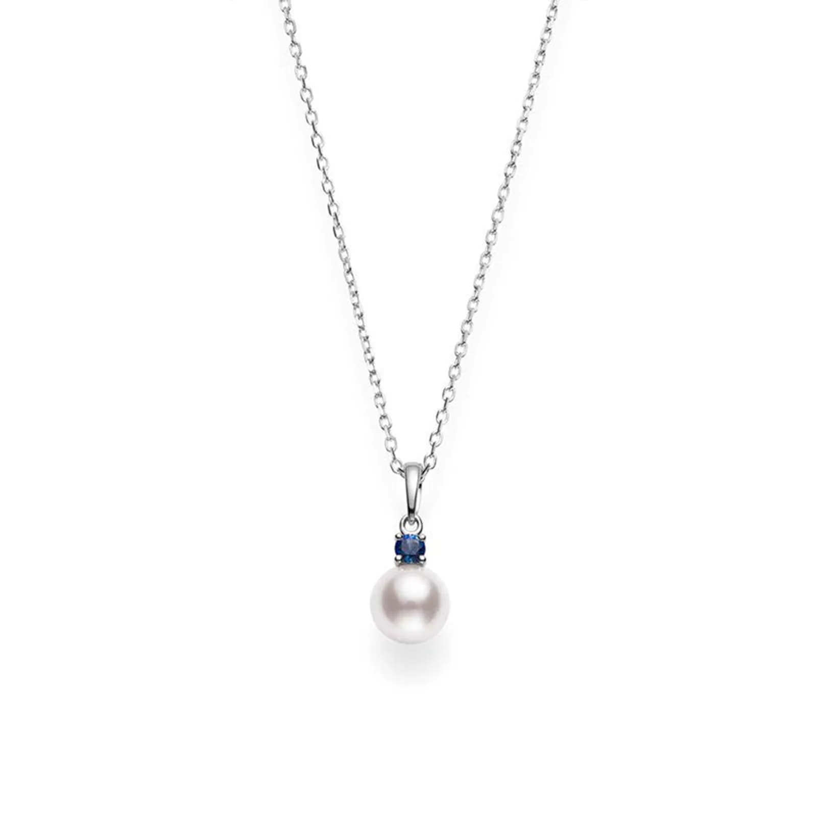 Akoya Cultured Single Pearl Pendant with Sapphire in 18K White Gold