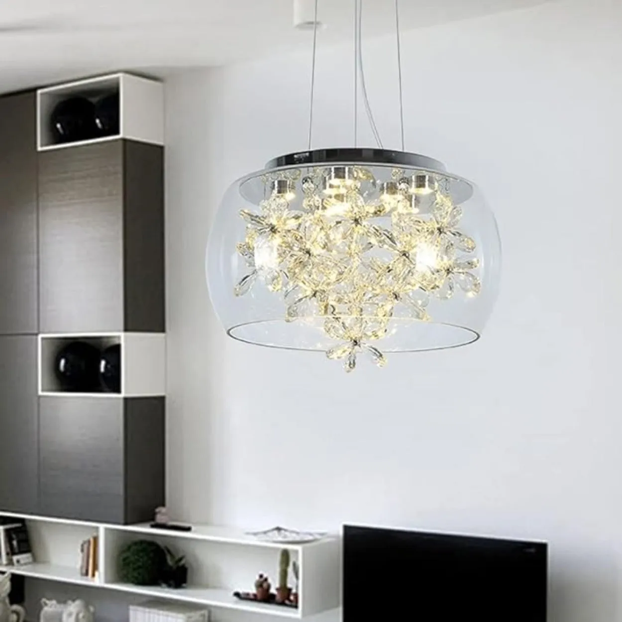 ANKUR DOMA FLORA GLASS DOME AND CRYSTAL LED HANGING CHANDELIER