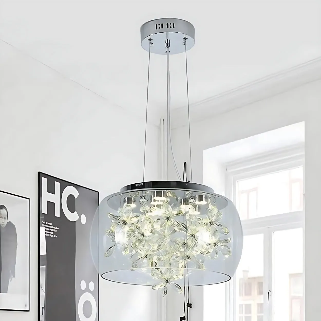 ANKUR DOMA FLORA GLASS DOME AND CRYSTAL LED HANGING CHANDELIER