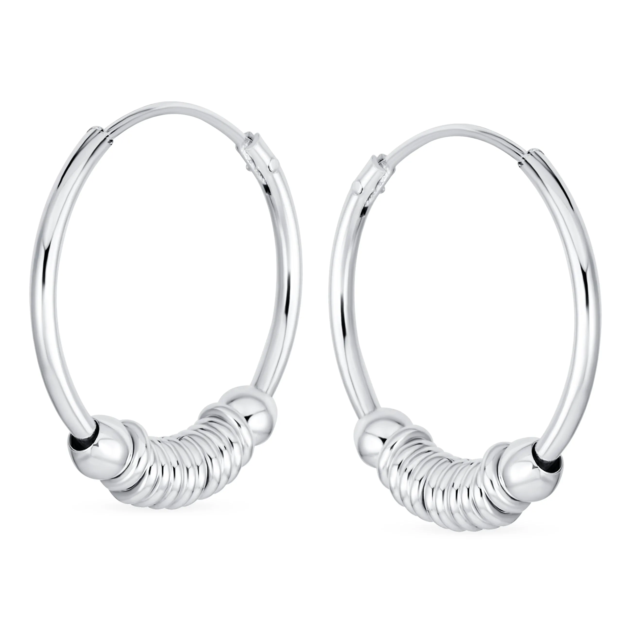 Balinese Tribal Ball Bead Hoop Huggie Earrings Sterling Silver 0.75 Inch Diameter