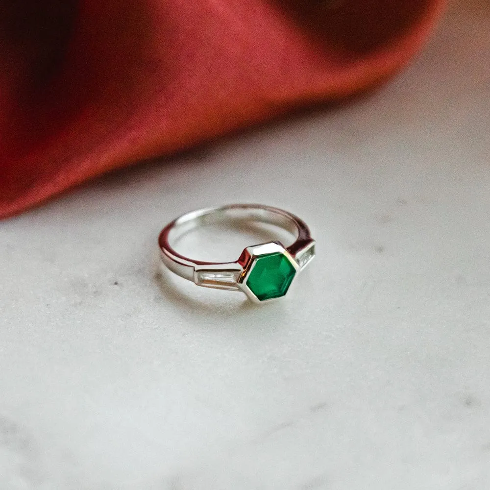 Beloved Green Onyx Hexagon Ring Sterling Silver