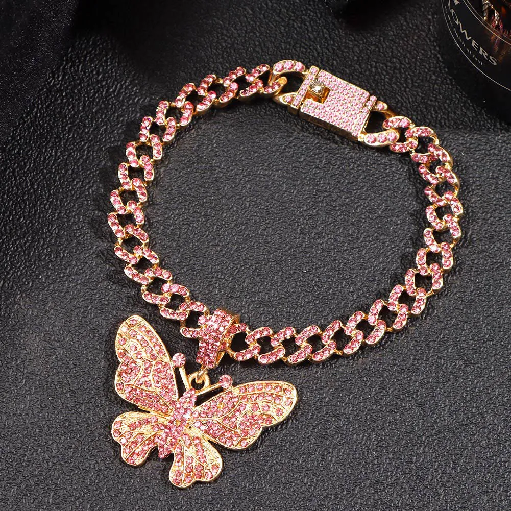 Bling Rhinestone Butterfly Cuban Anklets Bracelet Chunky Cuban Anklet