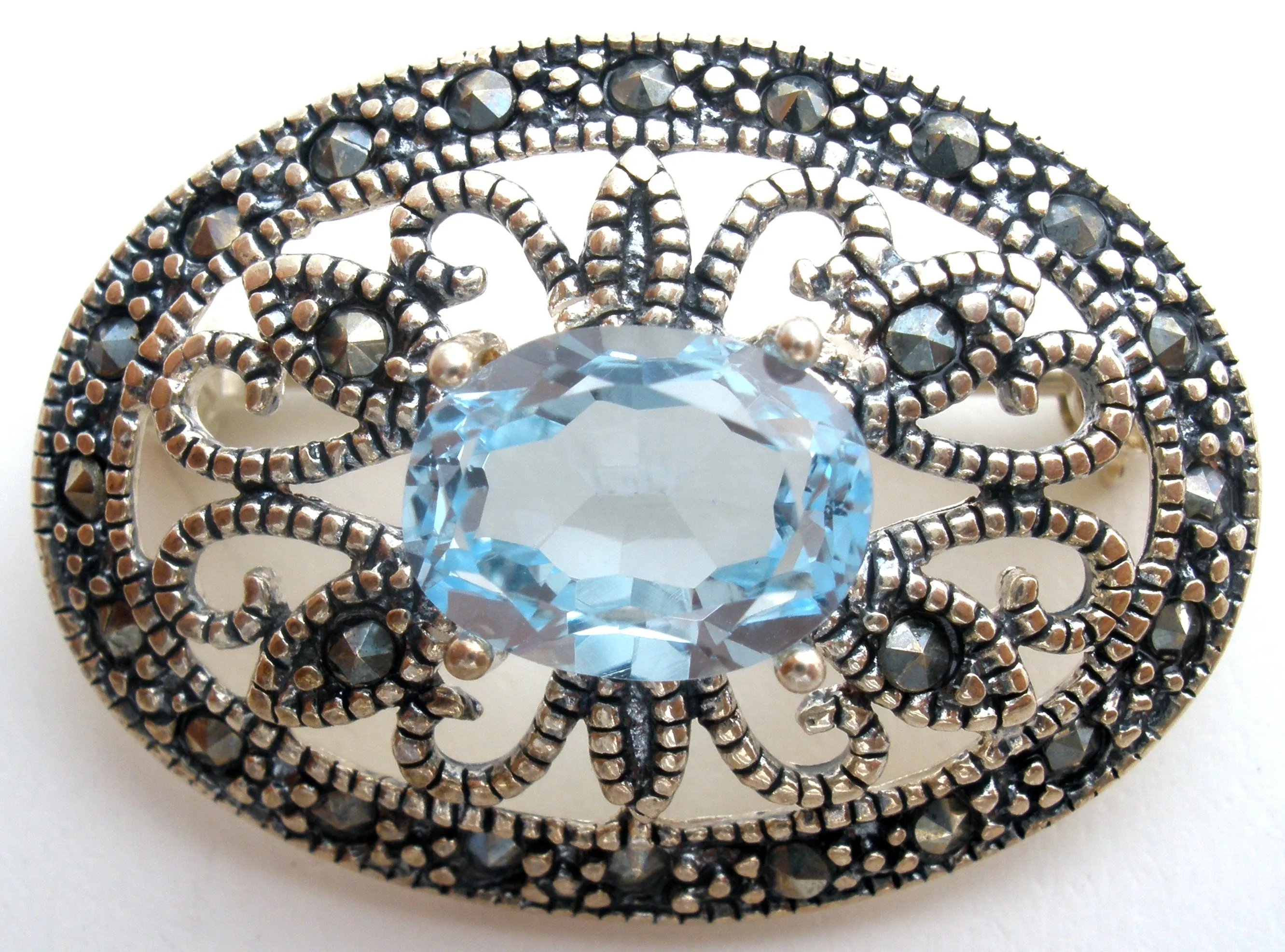 Blue Topaz & Marcasite Brooch Pin Sterling Silver