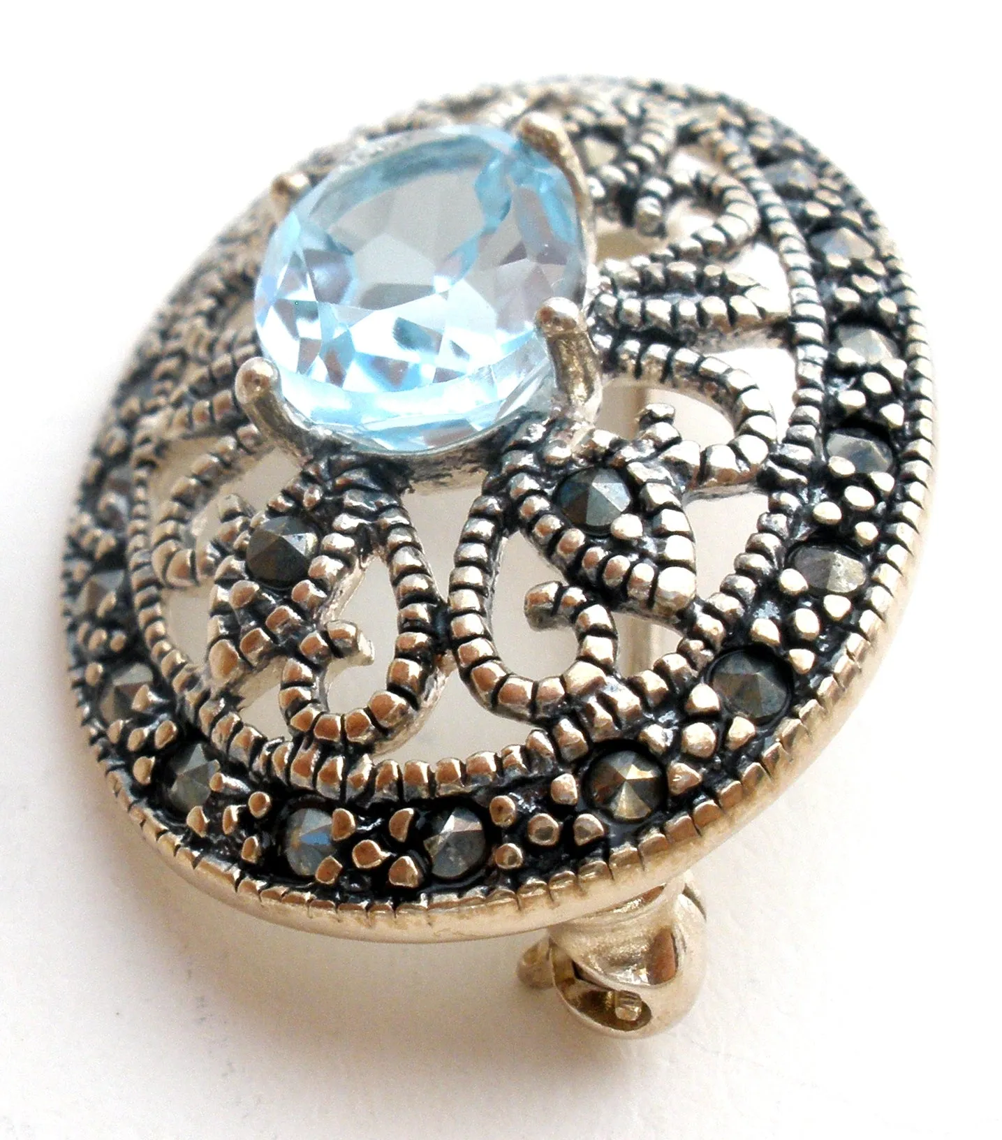 Blue Topaz & Marcasite Brooch Pin Sterling Silver