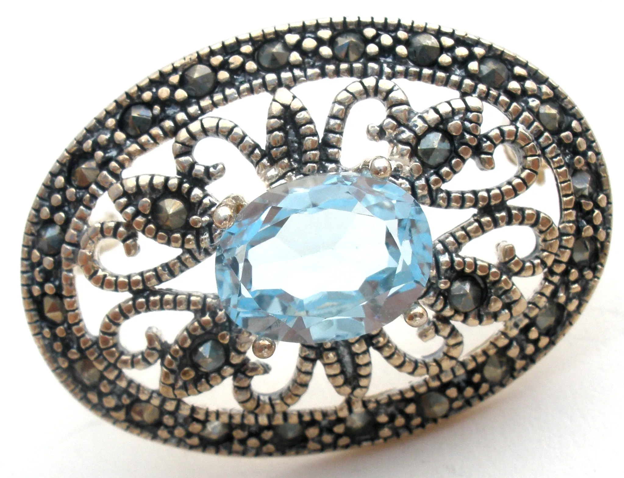 Blue Topaz & Marcasite Brooch Pin Sterling Silver