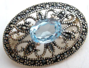 Blue Topaz & Marcasite Brooch Pin Sterling Silver