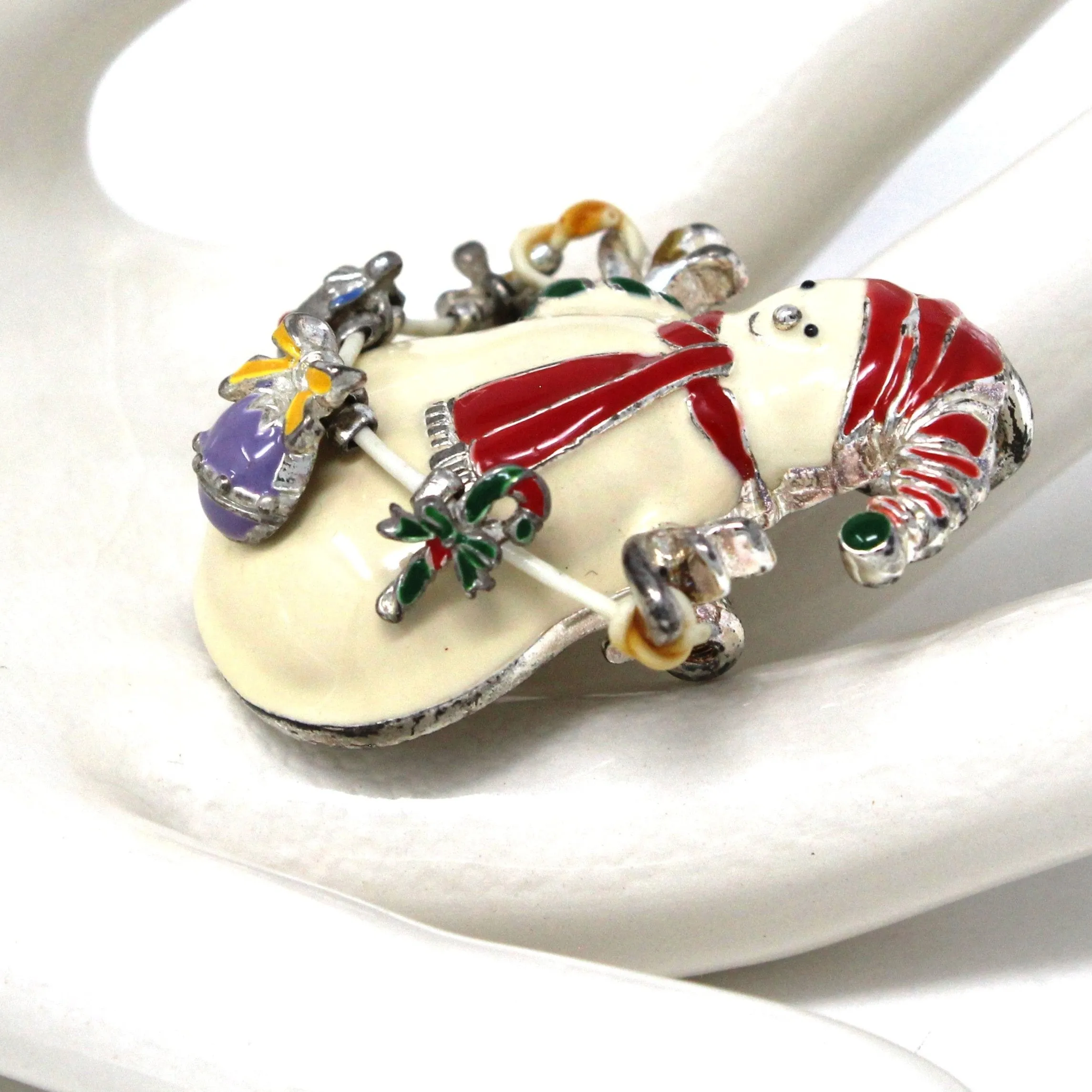 Brooch / Pin & Pendant, Holiday Snowman with Dangle Ornaments, Enamel Silver-Tone