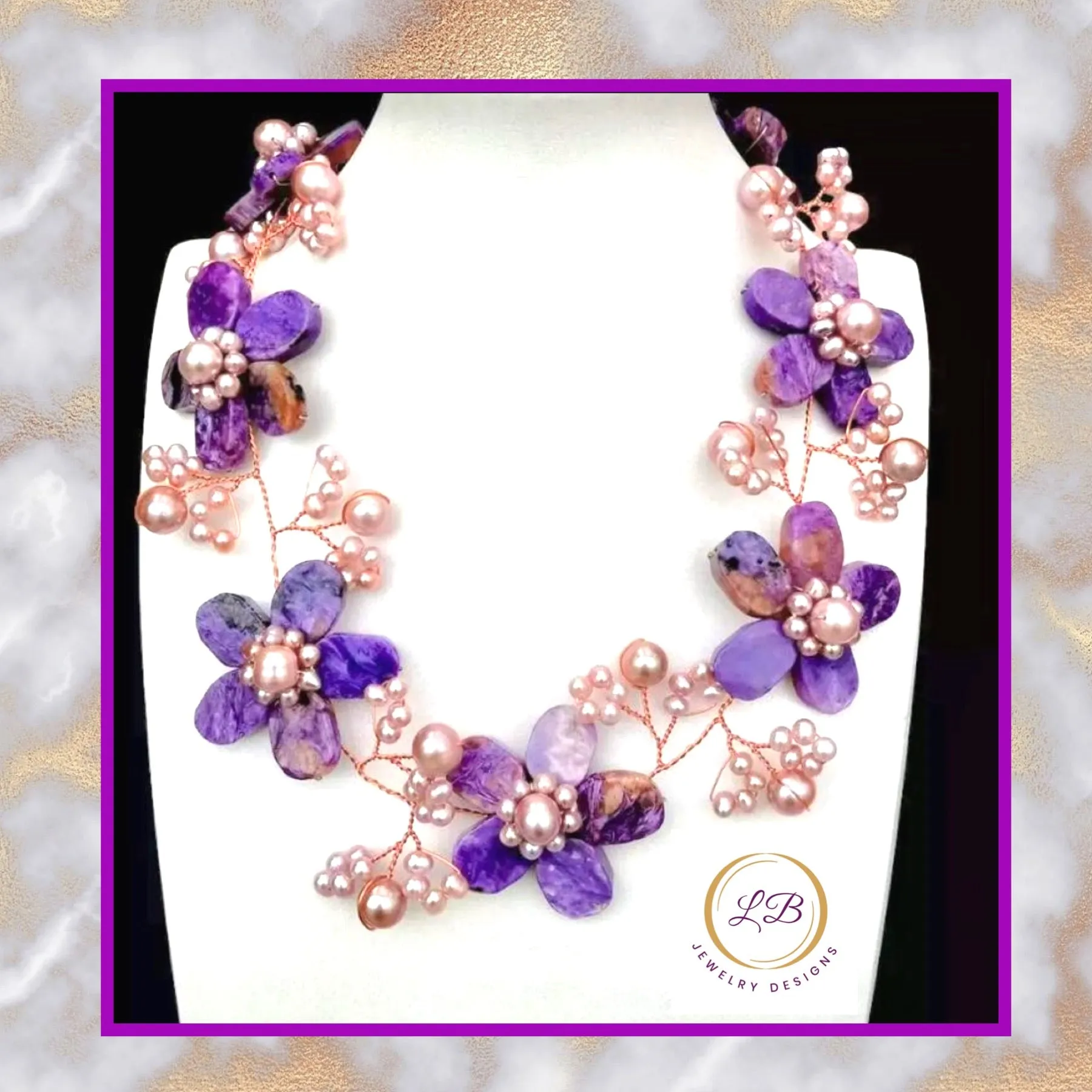 Captivating Purple Charoite & Pearl Gemstone Statement Necklace