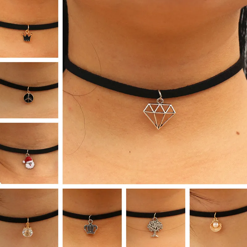 Choker Necklaces Women Black Velvet Suede Leather Chain Short Collares Fashion Jewelry Crown Peace Gothic 90's Bijoux Steampunk