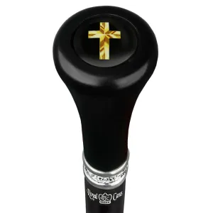 Christian Cross Symbol Top Walking Stick w/ Black Beechwood Shaft & Pewter Collar