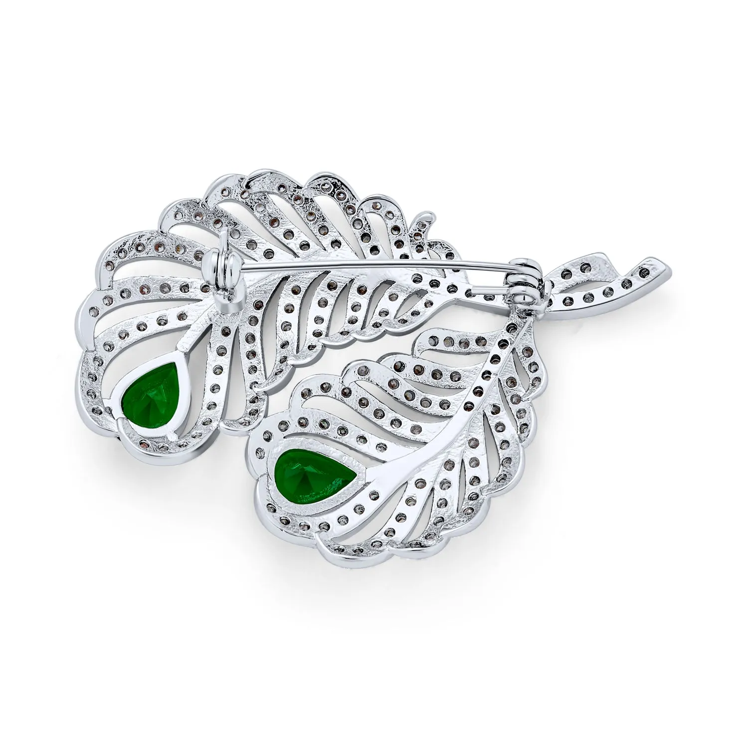 Classic Vintage Style Brooche Pin with CZ Peacock Feather and Green Emerald Teardrop