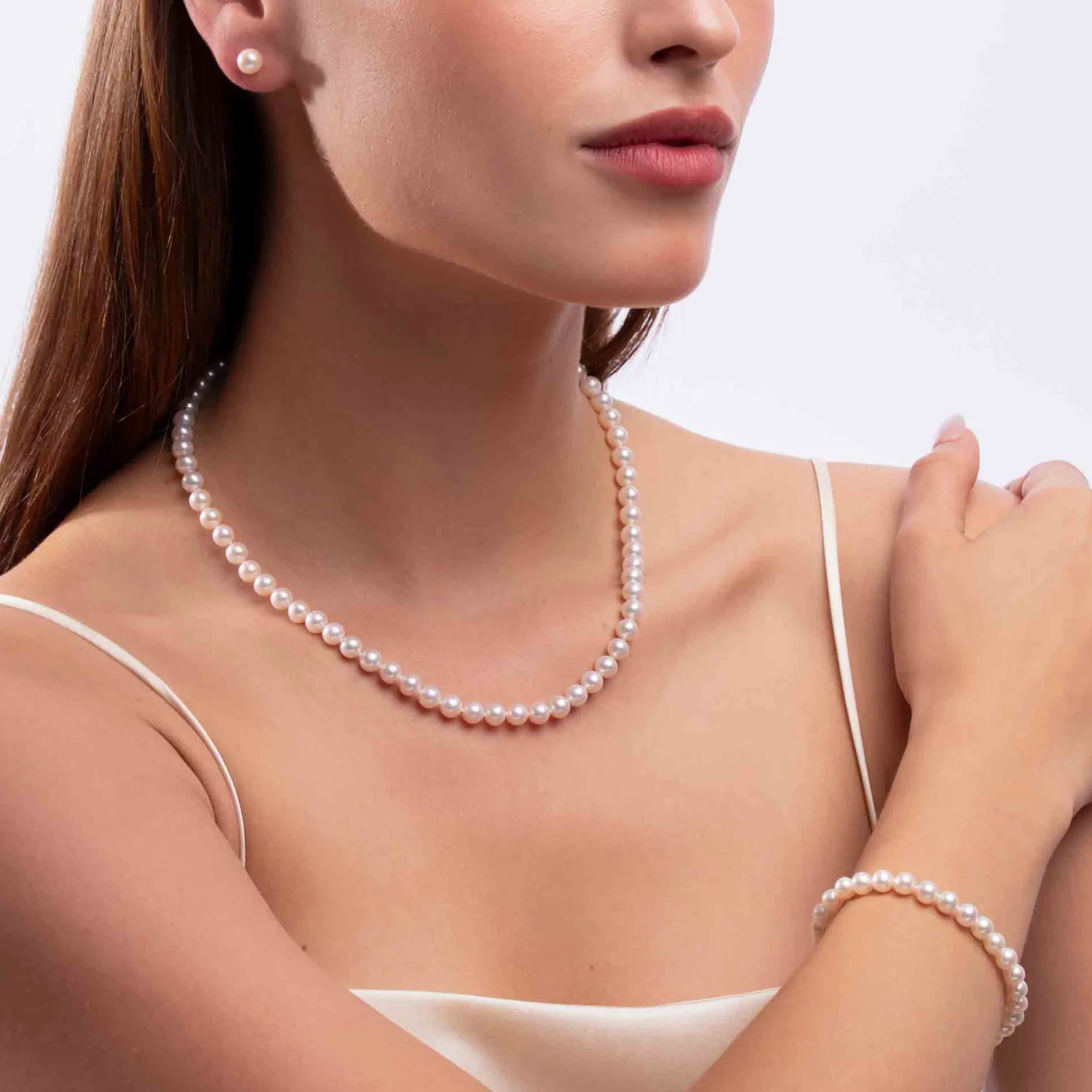 Classic White Freshwater Pearl Necklace, Bracelet & Earrings Set in 18K Gold