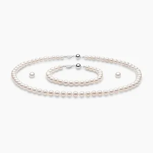 Classic White Freshwater Pearl Necklace, Bracelet & Earrings Set in 18K Gold