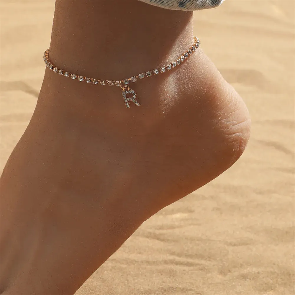 Crystal Zircon Initial Letter Ankle Bracelet Alphabet Anklets for