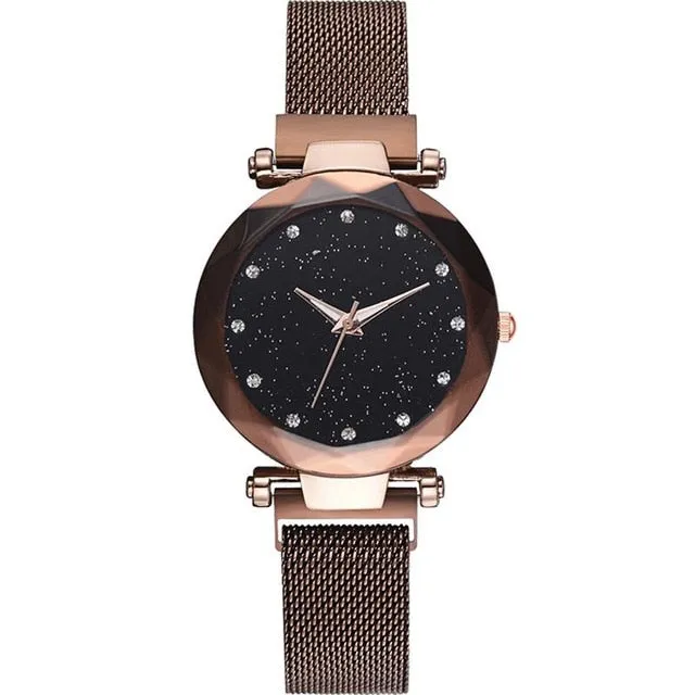 Diamond Rose Gold  Starry Sky Magnetic Mesh Ladies Quartz Wrist