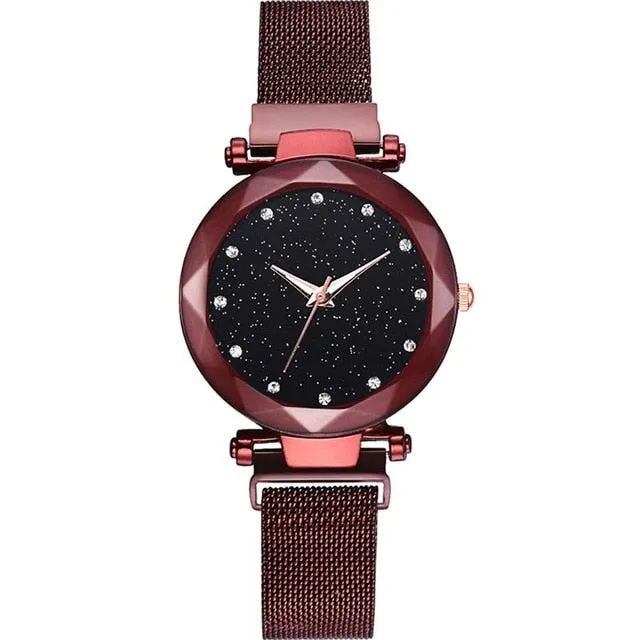 Diamond Rose Gold  Starry Sky Magnetic Mesh Ladies Quartz Wrist