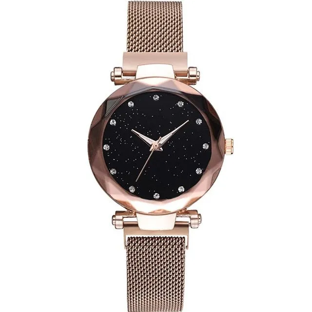 Diamond Rose Gold  Starry Sky Magnetic Mesh Ladies Quartz Wrist