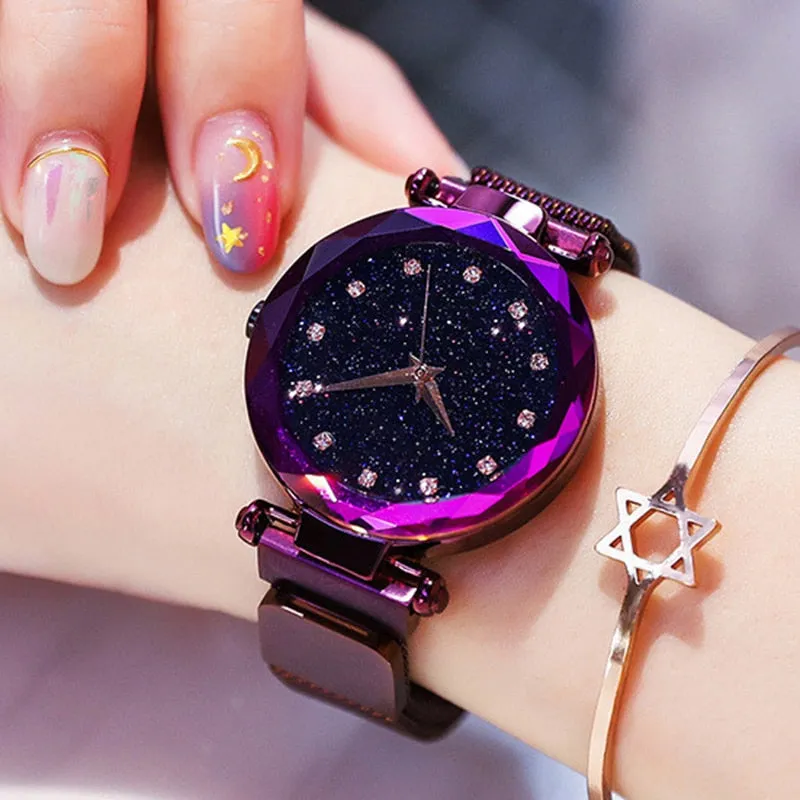 Diamond Rose Gold  Starry Sky Magnetic Mesh Ladies Quartz Wrist