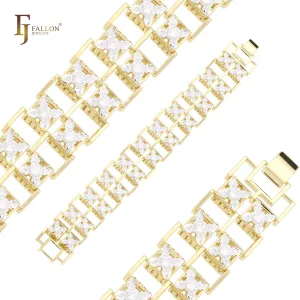 Double Row Luxurious Cluster White CZs 14K Gold Bracelets