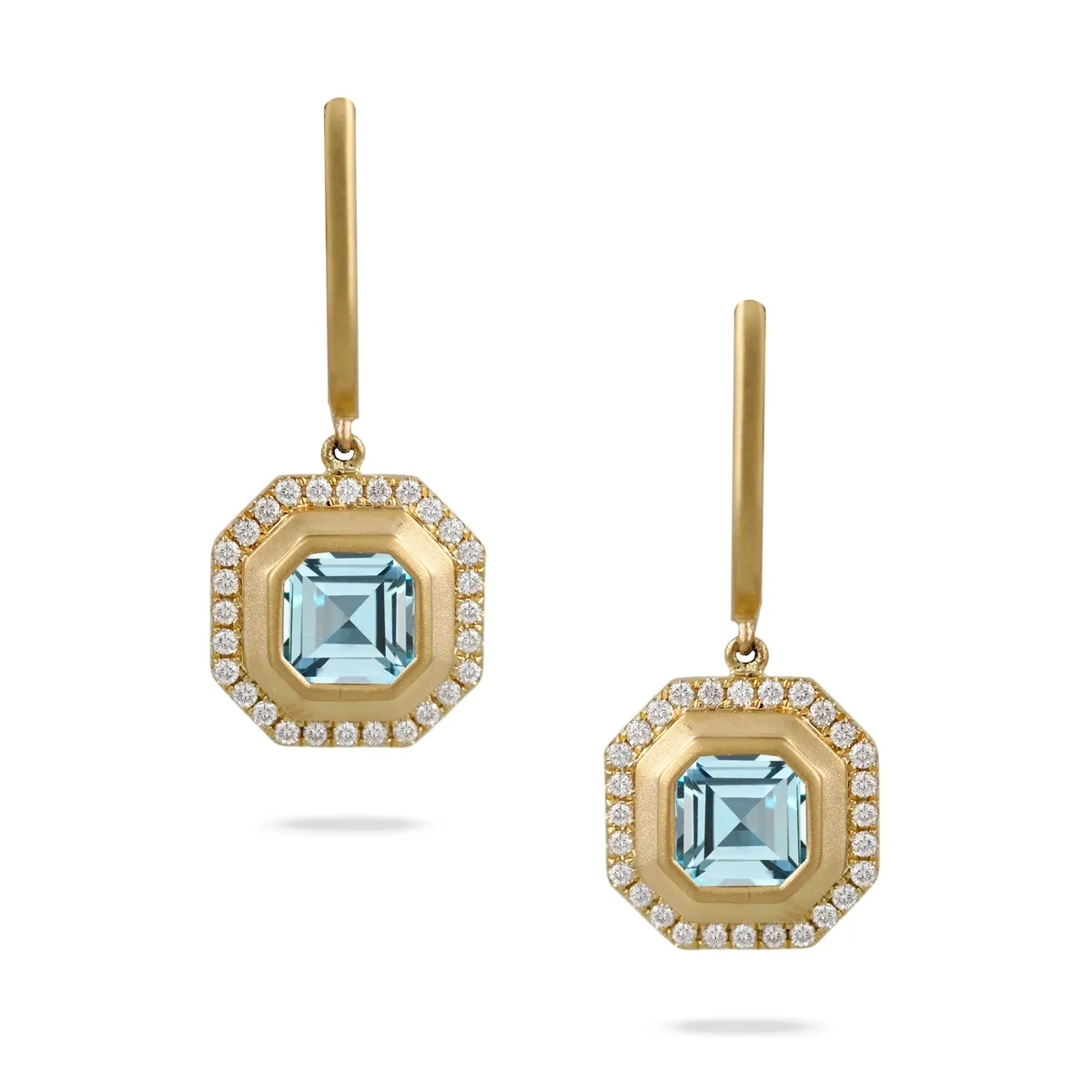 Doves 18K Yellow Gold Diamond Earring with Sky Blue Topaz Center in Satin Finish