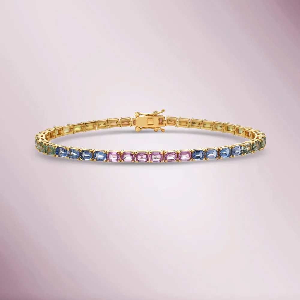 Emerald Cut Rainbow Multi Color Sapphire Tennis Bracelet (10.85 ct.) in 14K Gold