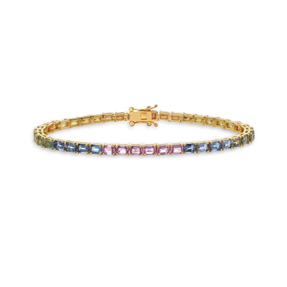 Emerald Cut Rainbow Multi Color Sapphire Tennis Bracelet (10.85 ct.) in 14K Gold