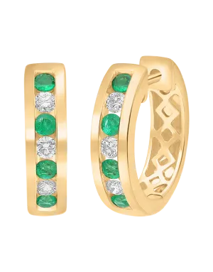 Emerald Earrings - 10ct Yellow Gold Emerald & Diamond Hoop Earrings - 784300