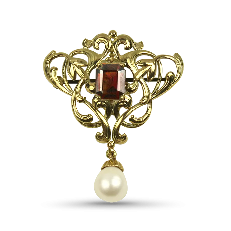 Estate 14k Yellow Gold Garnet & Pearl Brooch/Pendant