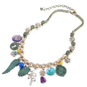 Ethnic Vintage Statement Charms Necklace Women Antique-Green Alloy Wings & Owl & Shell Pendants Brand Jewelry