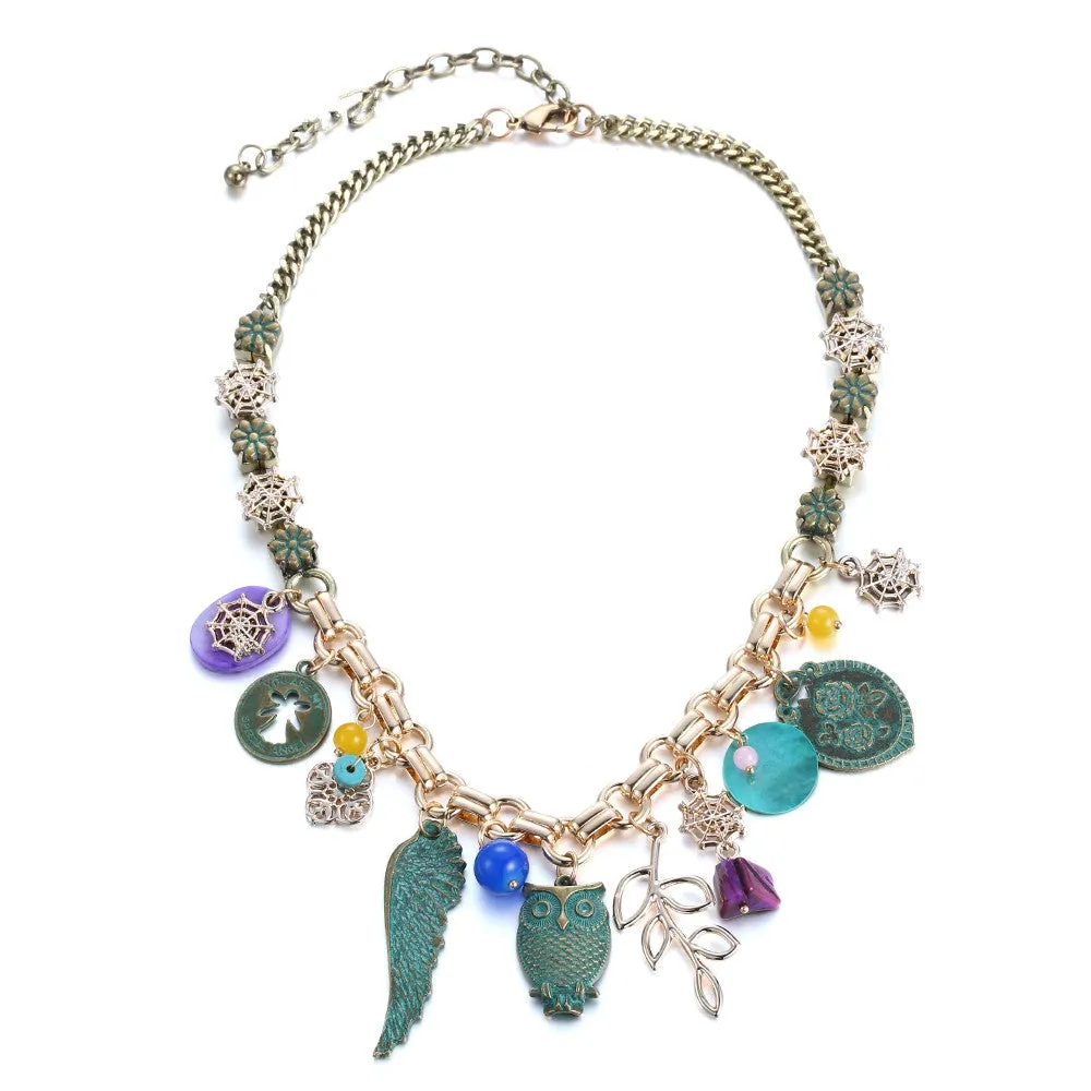 Ethnic Vintage Statement Charms Necklace Women Antique-Green Alloy Wings & Owl & Shell Pendants Brand Jewelry