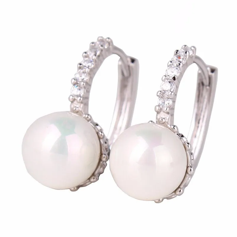 Fabulous Crystal Hoop Earrings for Women White/Gray Simulated Pearl Delightful Wedding Design Huggie Earrings