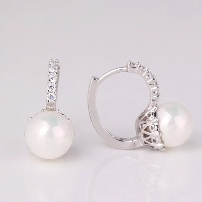 Fabulous Crystal Hoop Earrings for Women White/Gray Simulated Pearl Delightful Wedding Design Huggie Earrings