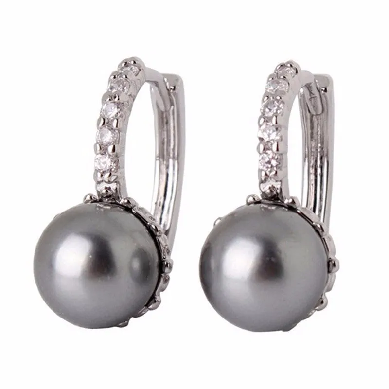 Fabulous Crystal Hoop Earrings for Women White/Gray Simulated Pearl Delightful Wedding Design Huggie Earrings