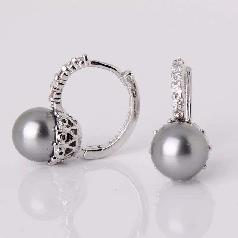 Fabulous Crystal Hoop Earrings for Women White/Gray Simulated Pearl Delightful Wedding Design Huggie Earrings