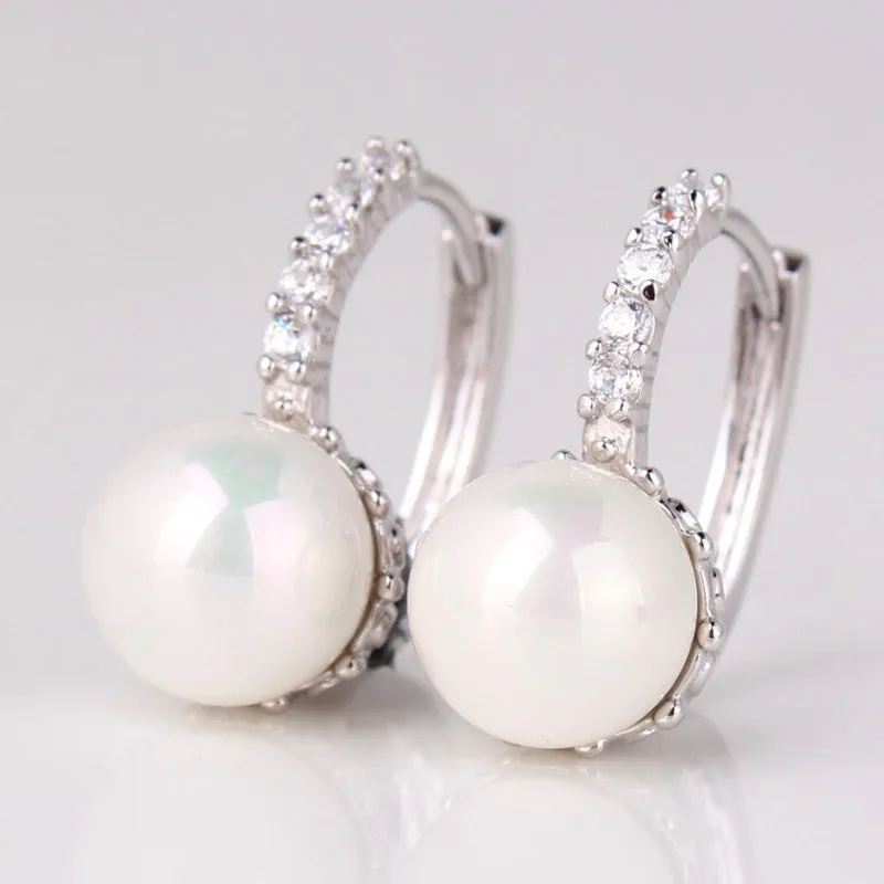 Fabulous Crystal Hoop Earrings for Women White/Gray Simulated Pearl Delightful Wedding Design Huggie Earrings