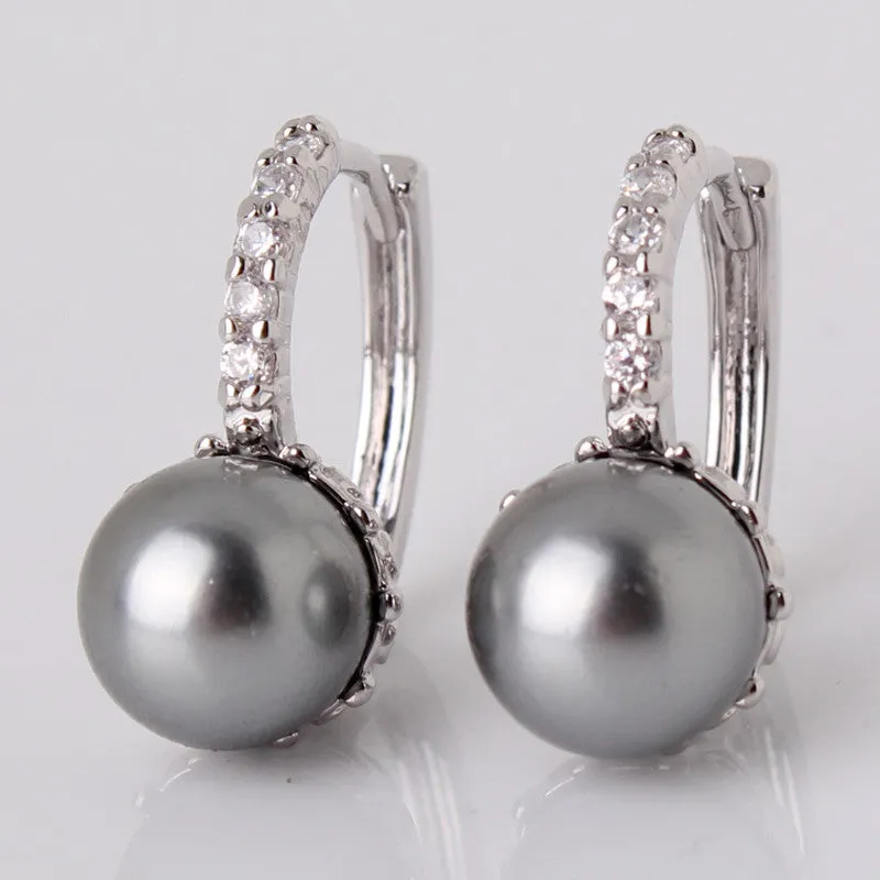 Fabulous Crystal Hoop Earrings for Women White/Gray Simulated Pearl Delightful Wedding Design Huggie Earrings