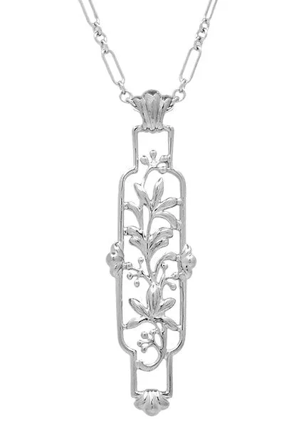 Floral Filigree Art Nouveau Cartouche Pendant Necklace in Sterling Silver