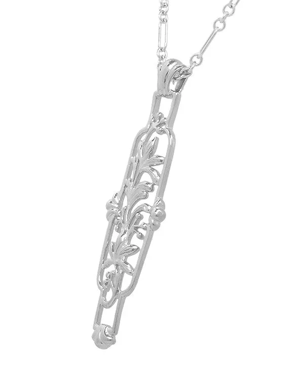 Floral Filigree Art Nouveau Cartouche Pendant Necklace in Sterling Silver