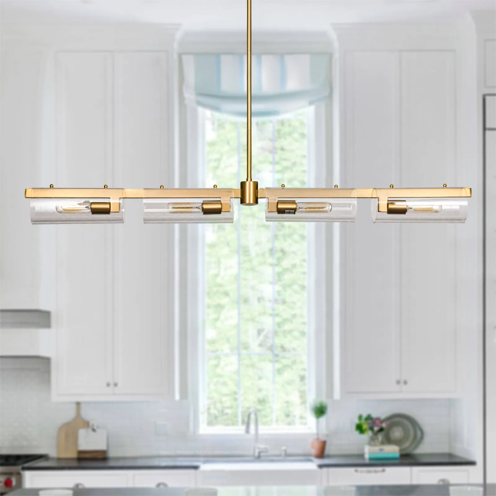 Glowlings 4-Light 49‘’Wide Modern Brushed Gold Clear Glass Linear Hanging Pendant Island Light