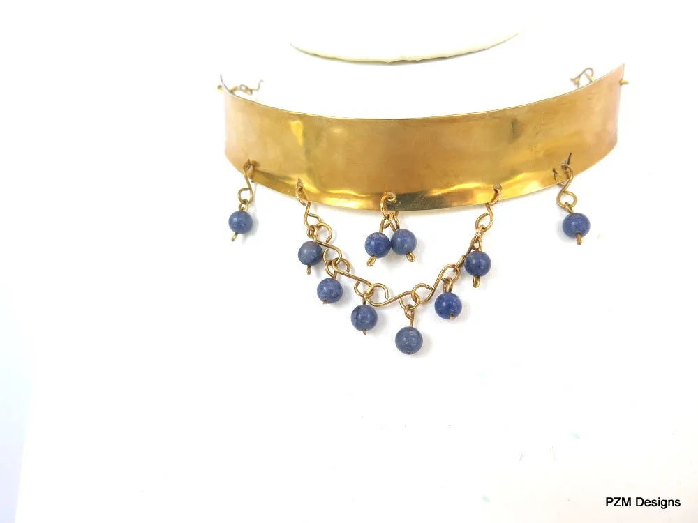 Gold Tribal Choker with Blue Quartz Beads, Gift for her