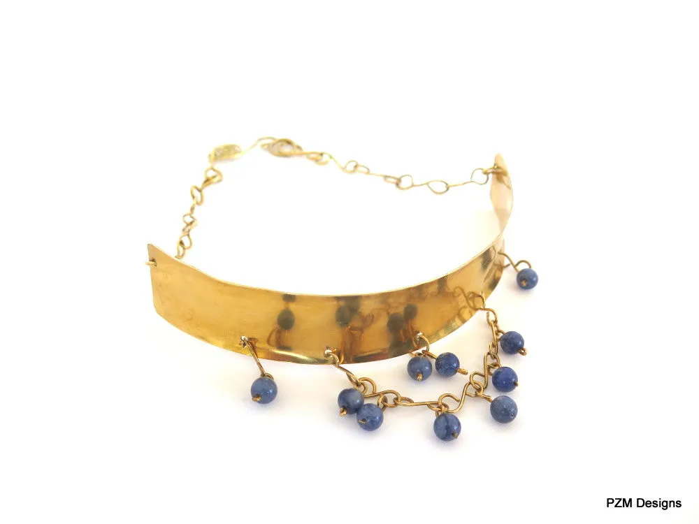 Gold Tribal Choker with Blue Quartz Beads, Gift for her