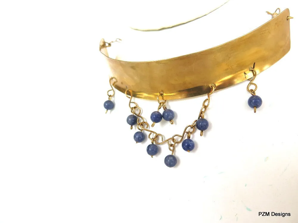 Gold Tribal Choker with Blue Quartz Beads, Gift for her