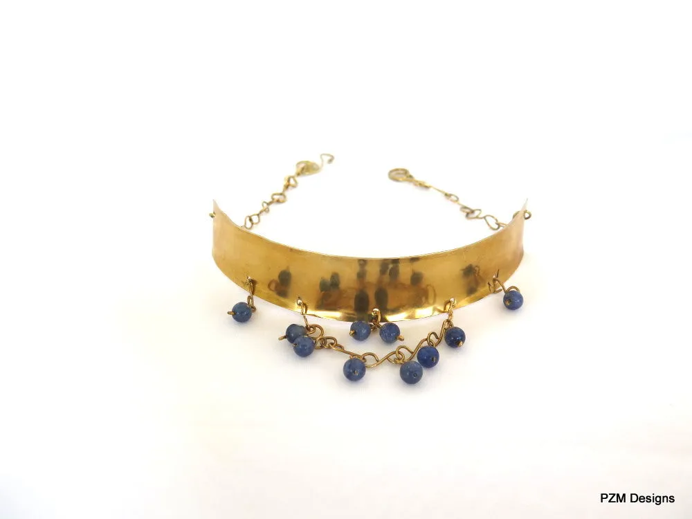 Gold Tribal Choker with Blue Quartz Beads, Gift for her