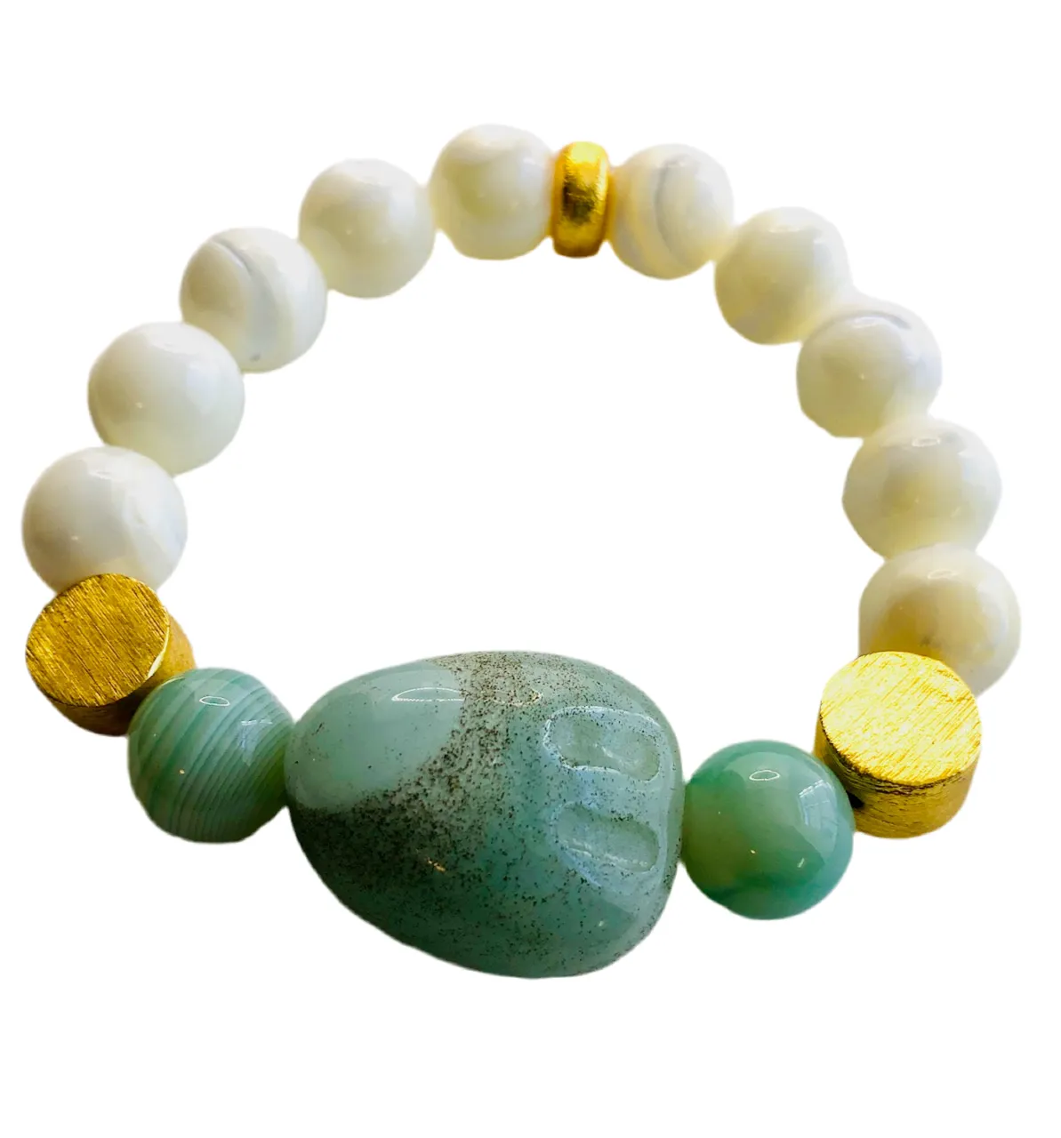 Green Aventurine Tumbled Stone & Mother of Pearl Brushed Gold Vermeil Bracelet