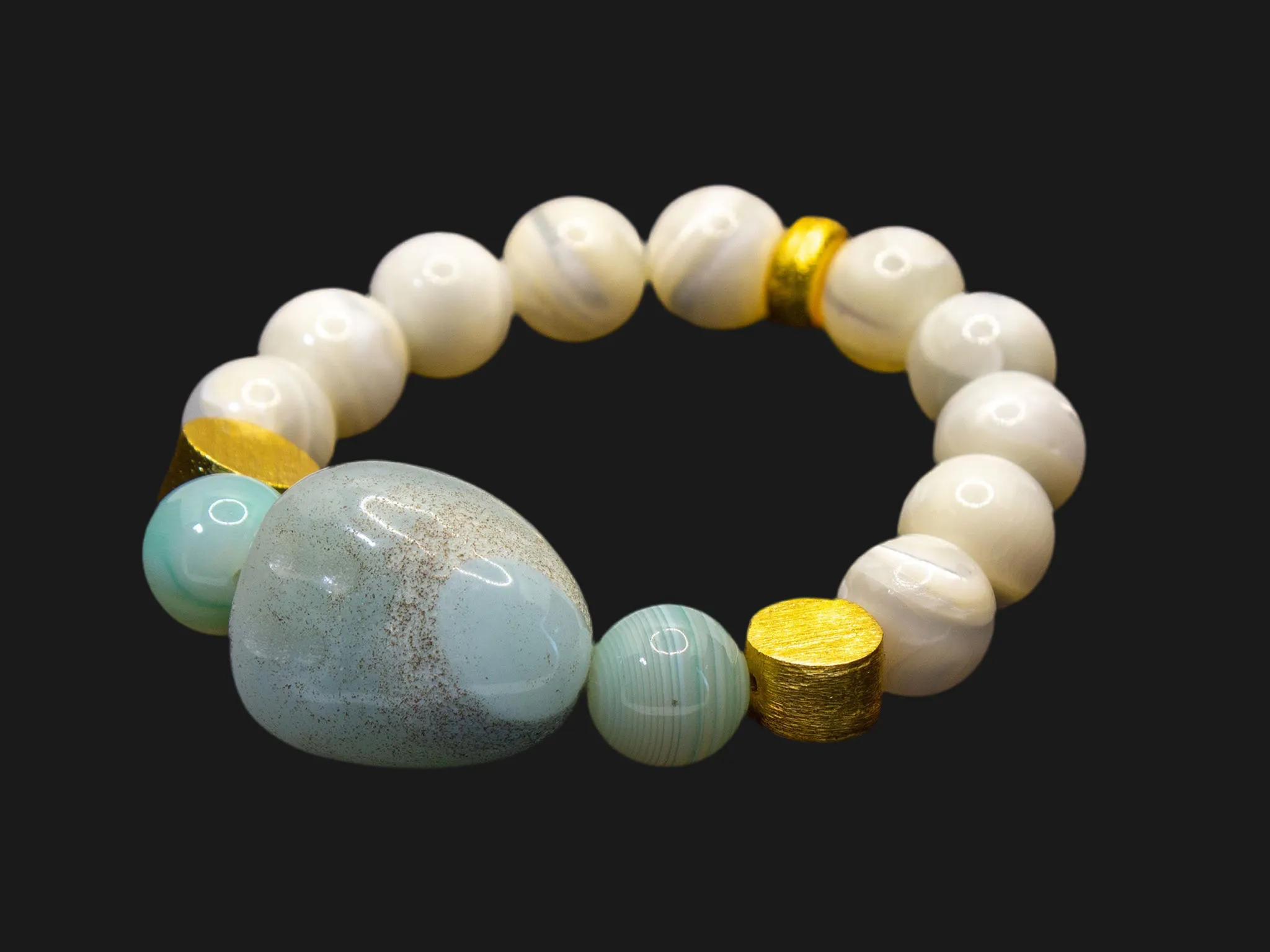 Green Aventurine Tumbled Stone & Mother of Pearl Brushed Gold Vermeil Bracelet