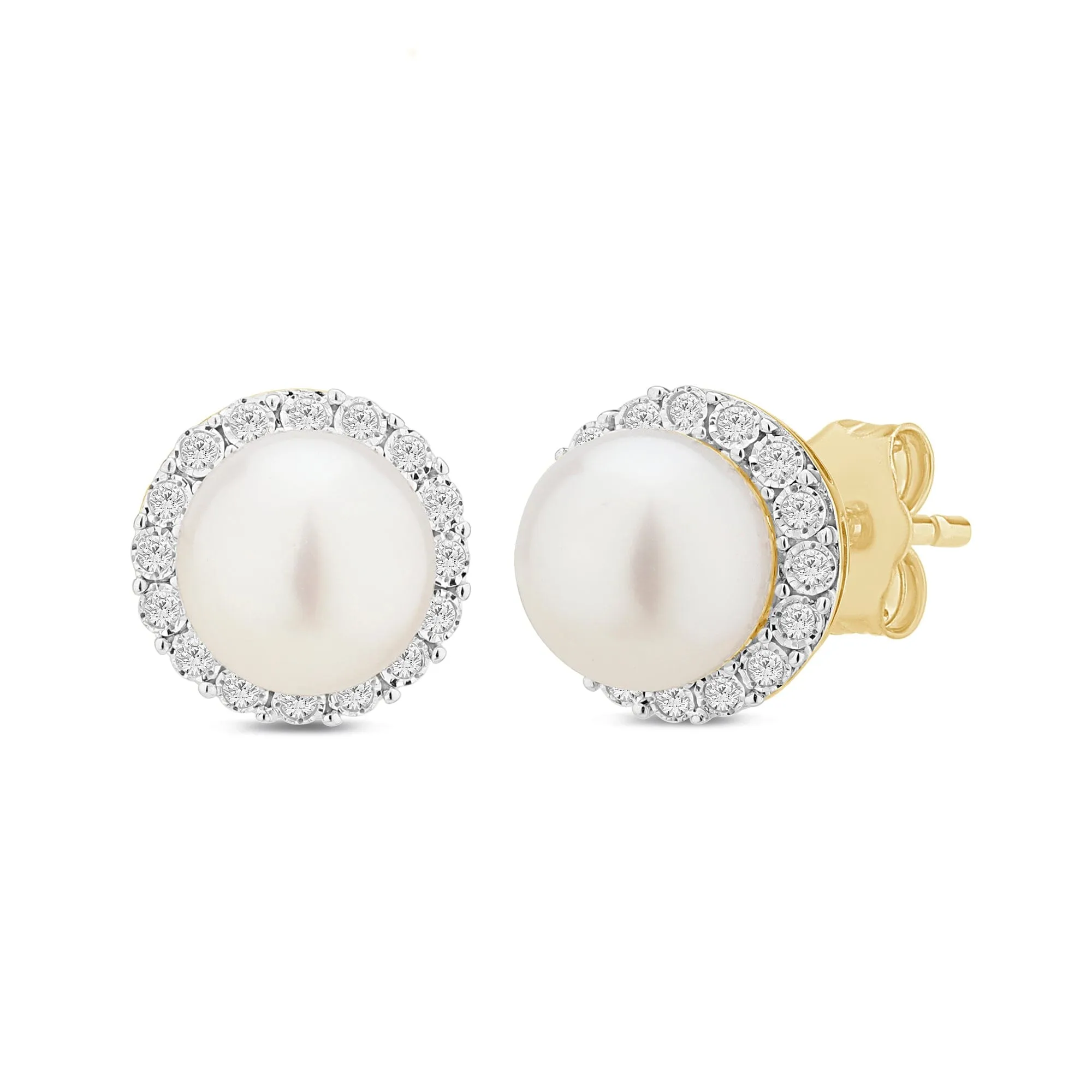 Halo Stud Round Pearl Earrings with 0.15ct of Diamonds in 9ct Yellow Gold