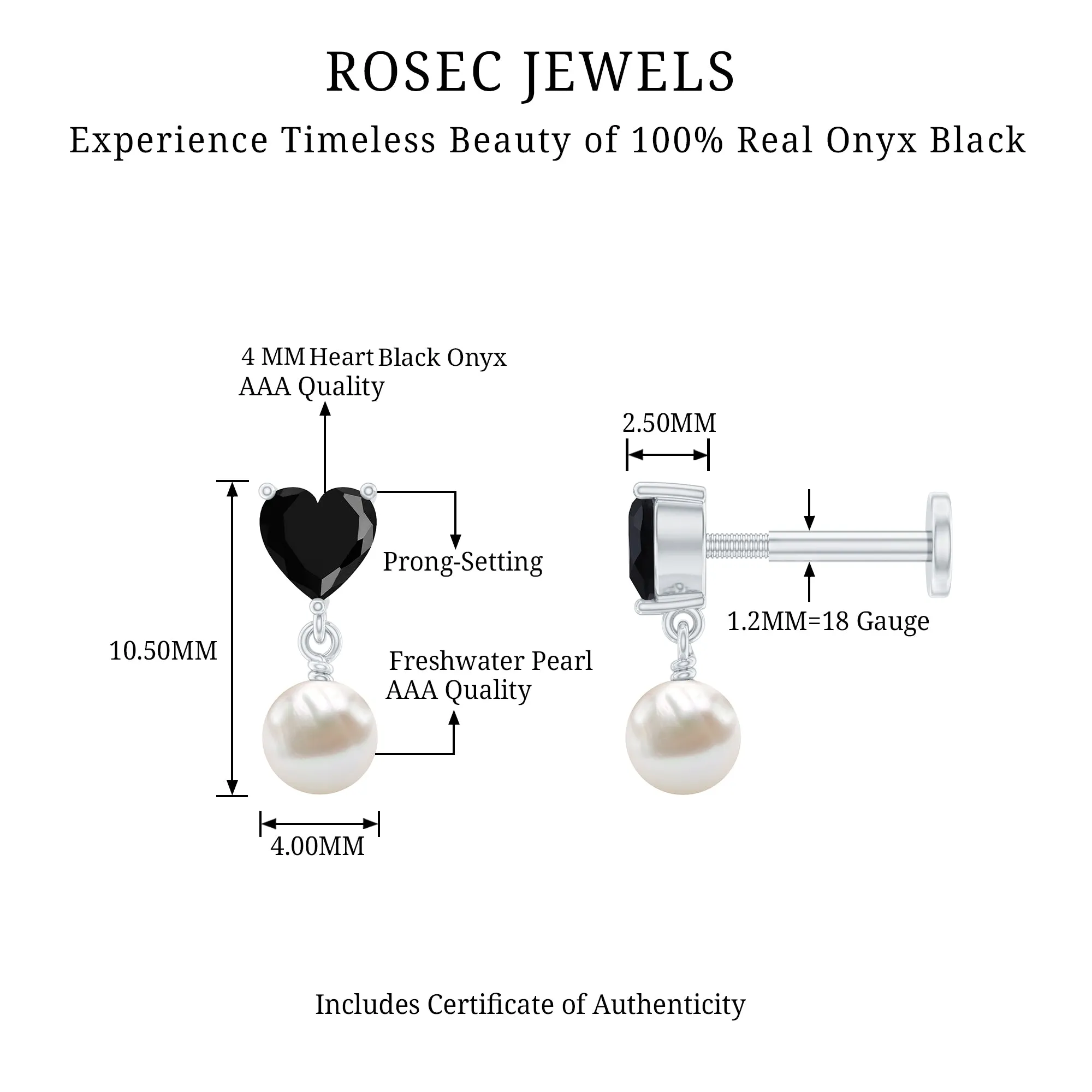 Heart Shape Black Onyx and Freshwater Pearl Helix Drop Earring