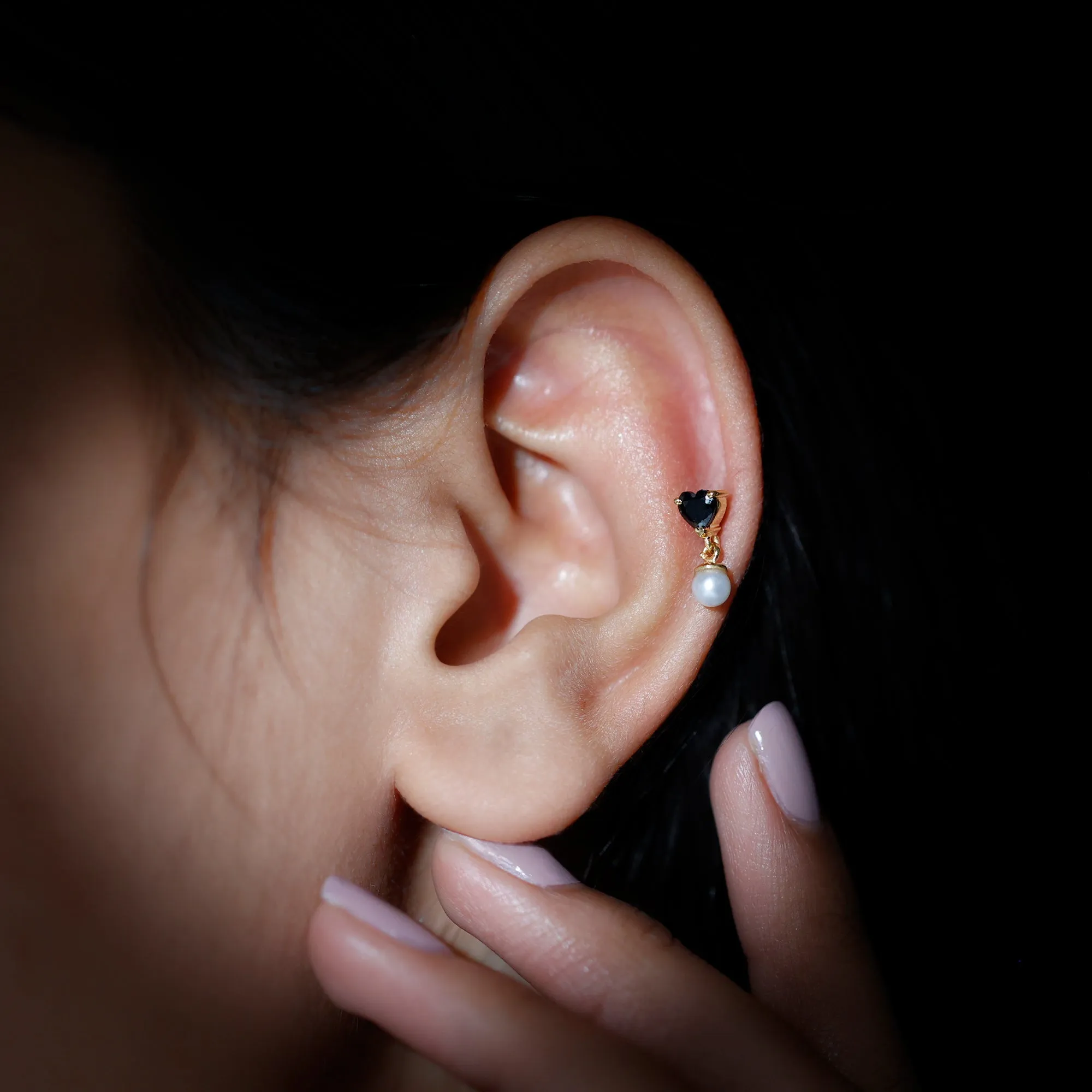 Heart Shape Black Onyx and Freshwater Pearl Helix Drop Earring